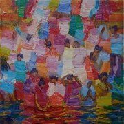 "Bathing in Ganges"  10" x 10" (25 x 25 cm) Oil on canvas 2014
